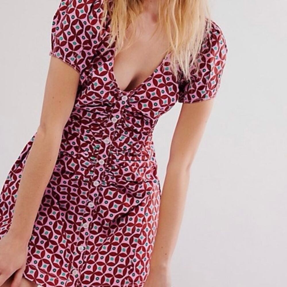 Free People Oakley Mini Geometric Print Mini Dress Pink Puff Sleeve Ruched - Picture 2 of 10